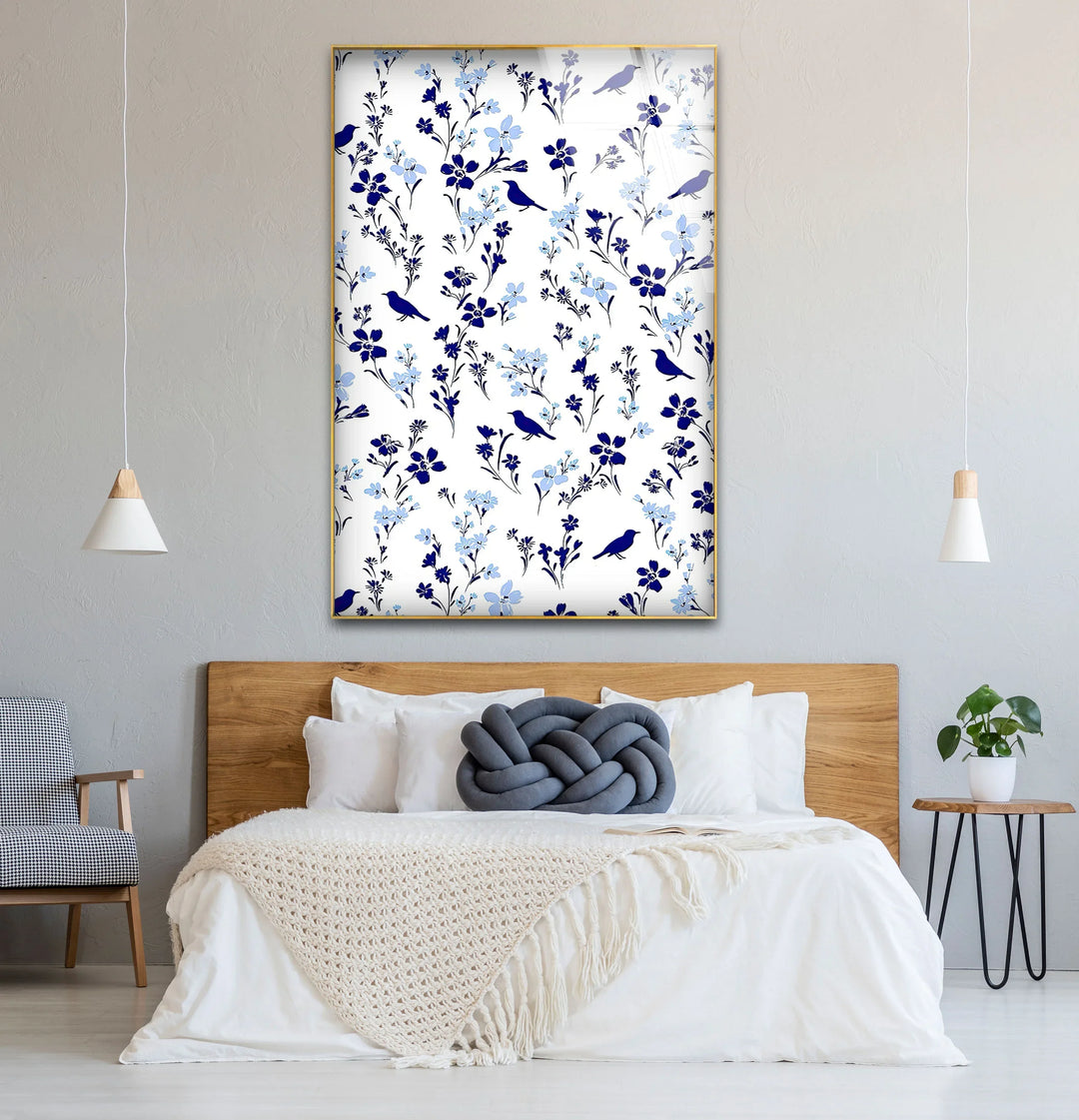 Blue Bird and Wildflower Pattern Wall Art – Elegant Floral Glass Print for Nature Lovers - MyPhotoStation