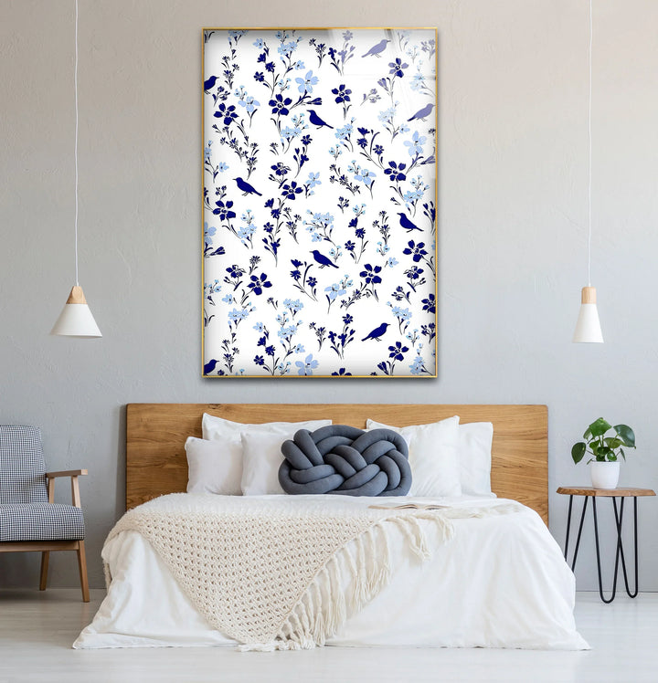 Blue Bird and Wildflower Pattern Wall Art – Elegant Floral Glass Print for Nature Lovers - MyPhotoStation