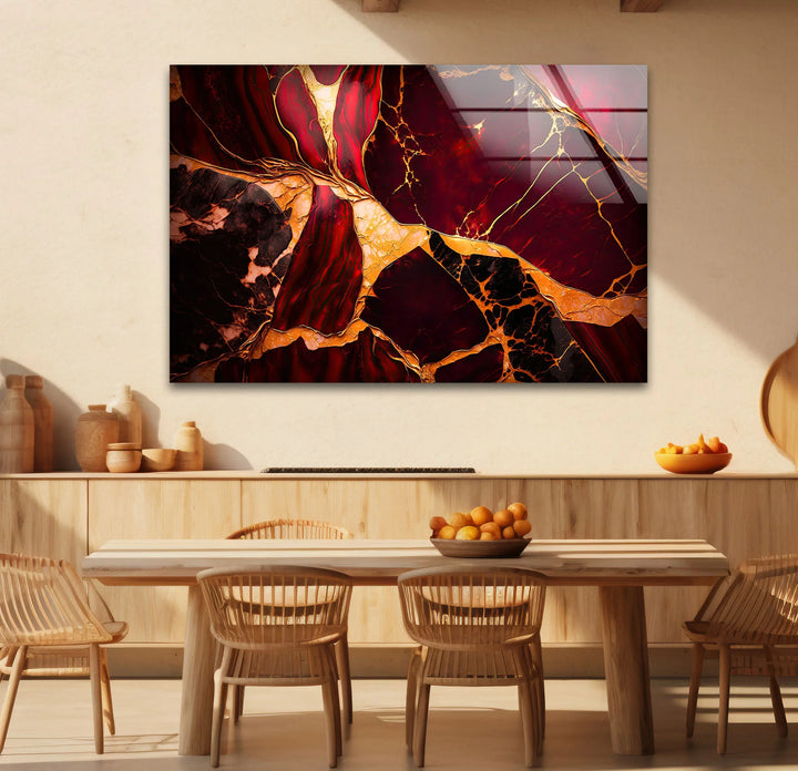 Red and Gold Marble Wall Art – Luxurious Crimson Glass Print with Cracked Vein Pattern for Bold Modern Interiors - MyPhotoStation