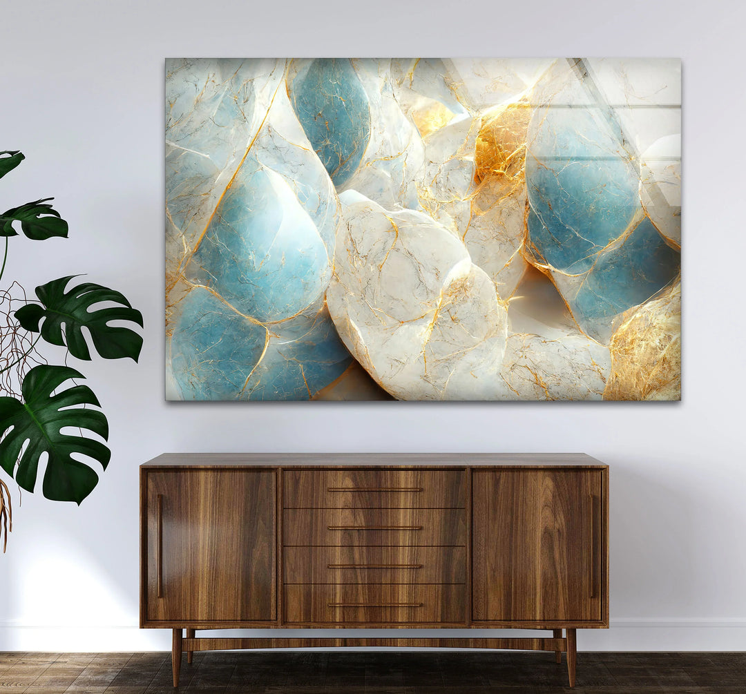 Blue White Marble Wall Art – Elegant Stone Glass Print with Gold Veining for Modern Luxury Interior Decor - MyPhotoStation
