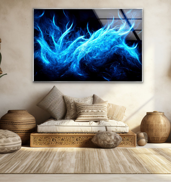 Blue Flame Abstract Glass Wall Art – Fiery Energy & Modern Decor
