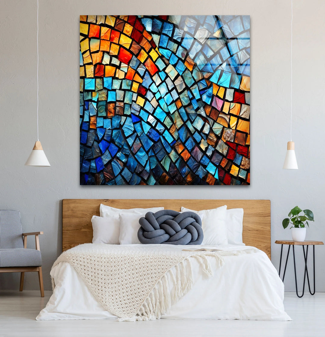 Vibrant Mosaic Wave Glass Wall Art – Colorful Abstract Squares Decor - MyPhotoStation