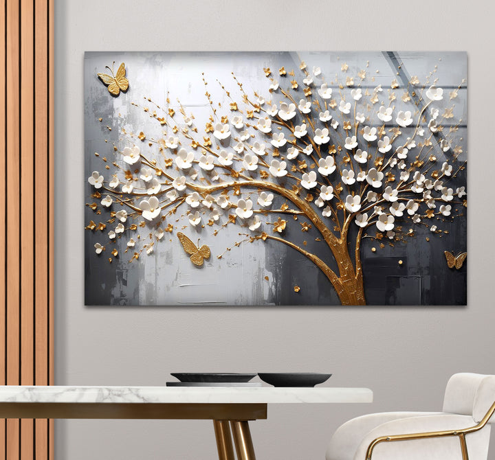 Golden Cherry Blossom Tree Wall Art – 3D Floral Glass Print with Butterflies