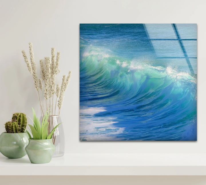 Crystal Blue Ocean Wave Wall Art – Tempered Glass Surf Seascape Print - MyPhotoStation