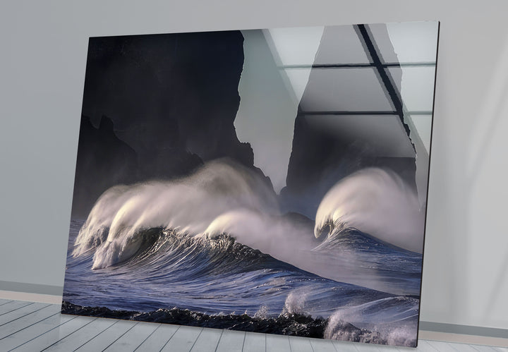 Stormy Ocean Waves Wall Art – Dramatic Coastal Glass Print with Dark Sea Cliffs for Modern Interiors