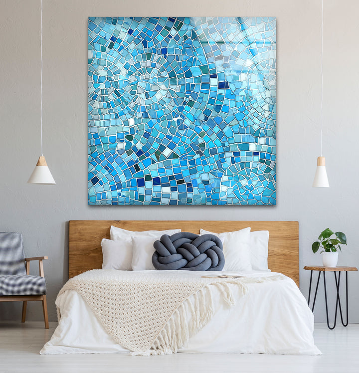 Aqua Blue Mosaic Glass Wall Art – Coastal Geometric Decor for Bathroom & Spa