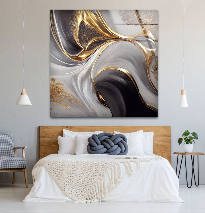 Gold Black White Abstract Wall Art – Elegant Fluid Wave Glass Print for Luxury Interiors