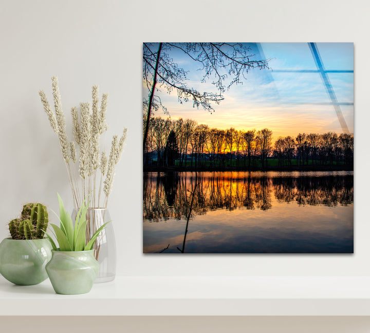 Sunset Forest Reflection Wall Art – Tranquil Lake Glass Print for Nature-Inspired Interiors