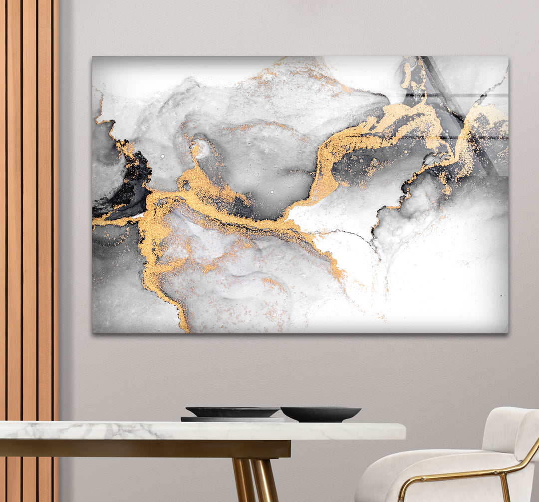 Black White and Gold Abstract Wall Art – Minimalist Glass Print for Modern Decor
