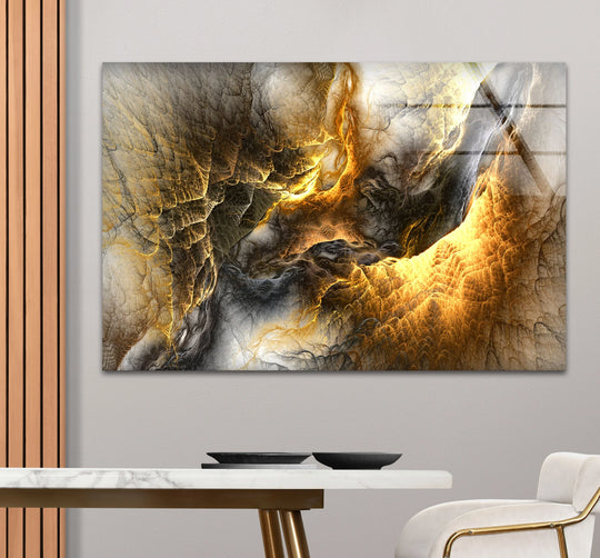 Abstract glass printing showcases visual rhythm in its swirling golden ember caverns with textured, dynamic flow.