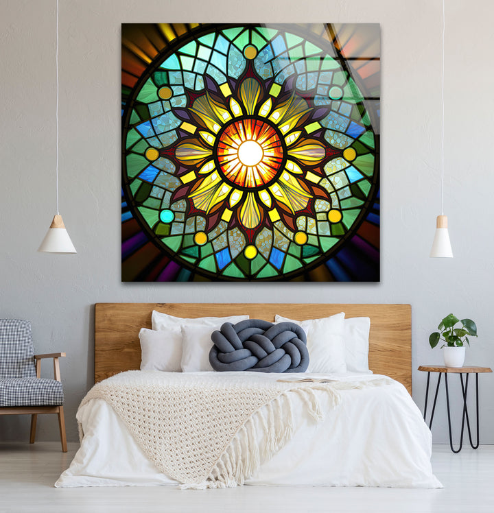 Strahlende Buntglas-Wandkunst mit Sonnenstrahlen – Buntes Mandala-Fensterpaneel 