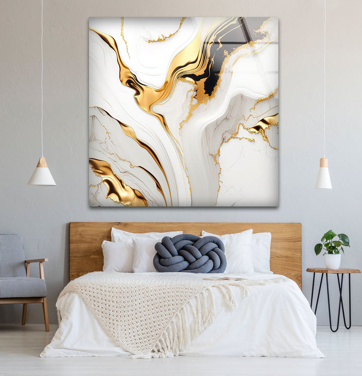 White Gold Marble Abstract Wall Art – Modern Luxury Glass Print for Elegant Interiors