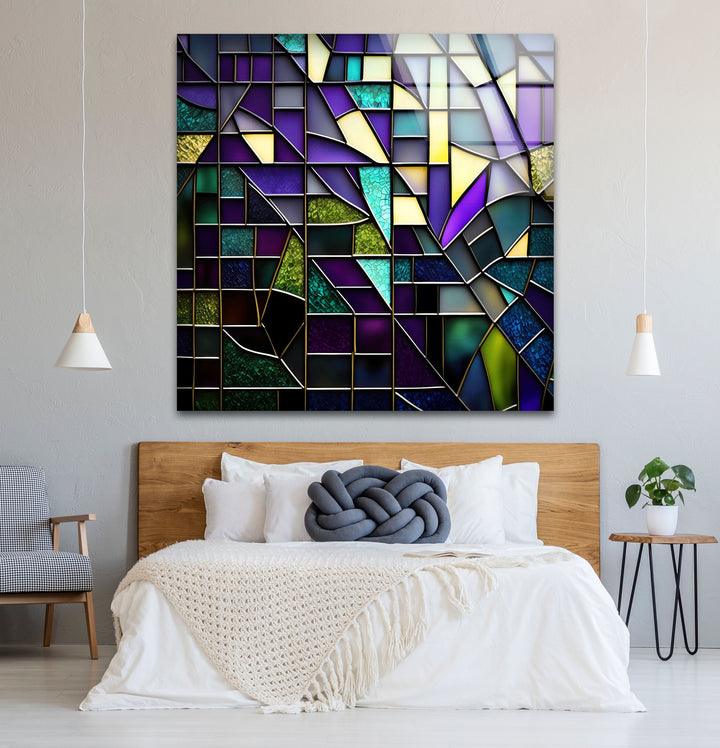 Modern Abstract Stained Glass Wall Art – Purple & Gold Geometric Decor