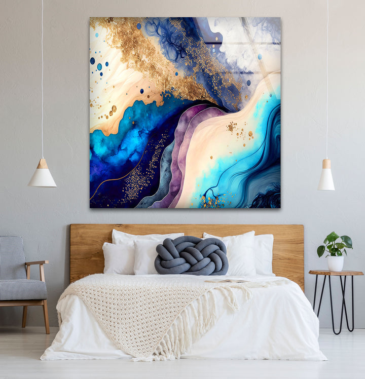 Elegant Blue & Gold Abstract Glass Wall Art – Luxury Modern Decor