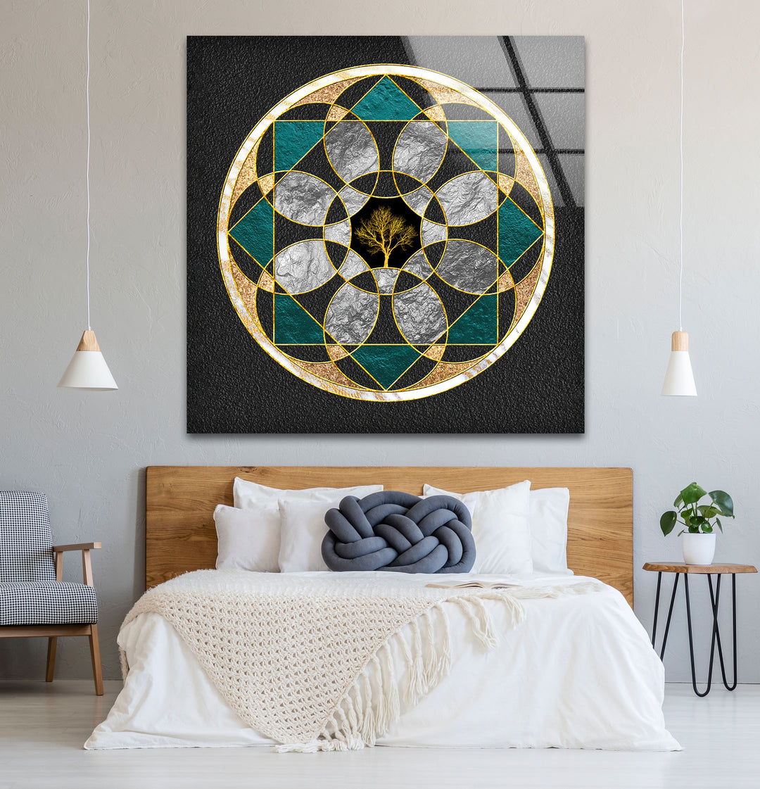 Wandkunst mit heiliger Geometrie, Baum des Lebens – Moderne Glasplatte mit goldenem Mandala-Design