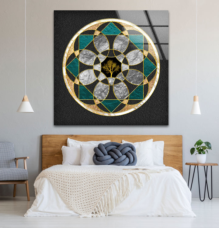 Wandkunst mit heiliger Geometrie, Baum des Lebens – Moderne Glasplatte mit goldenem Mandala-Design