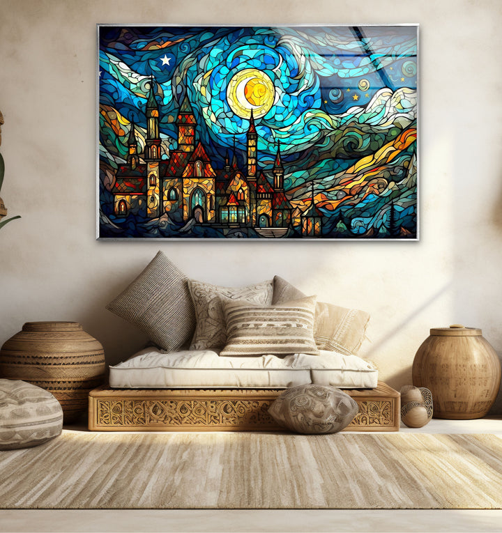 Van Gogh Sternennacht Schloss Glaswandkunst – Buntglas-inspiriert 