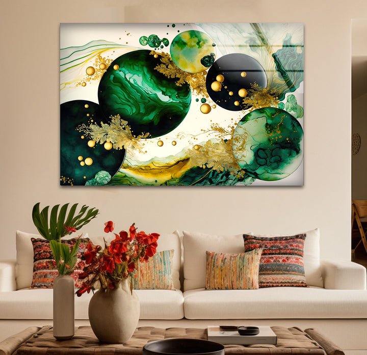 Emerald & Gold Abstract Glass Wall Art – Modern Luxury Home Decor