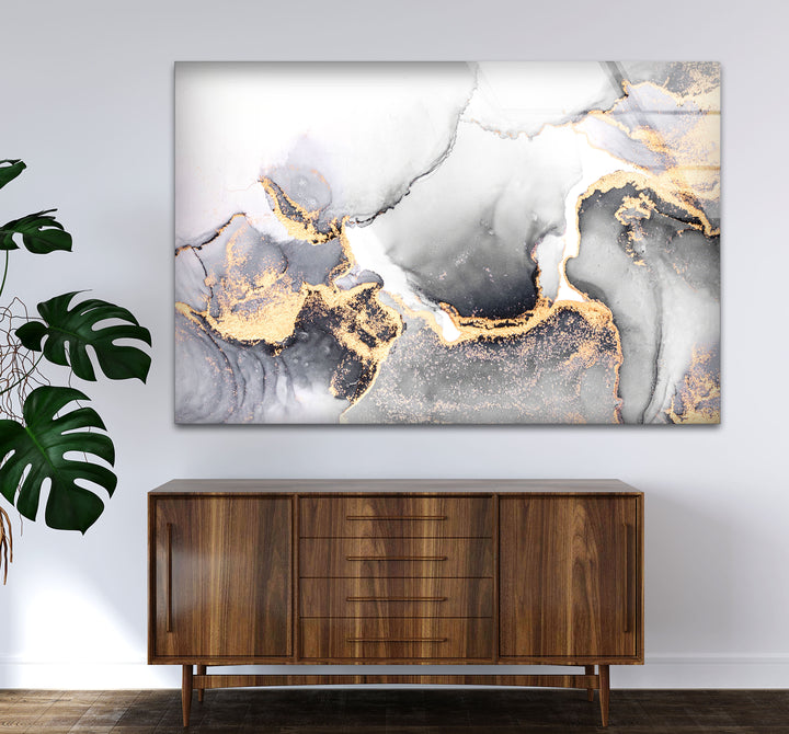 Monochrome Marble Glass Wall Art – Black White & Gold Luxury Abstract Print