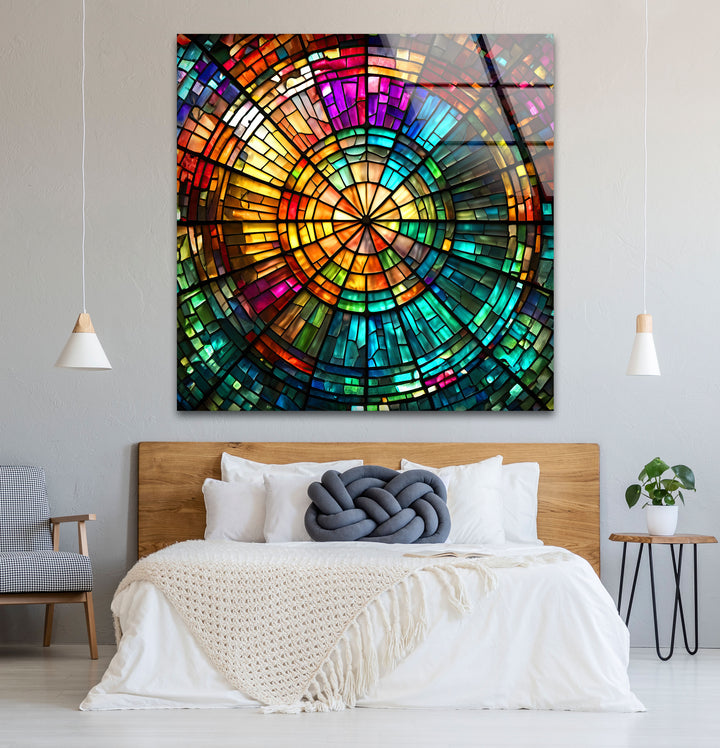 Strahlende Mosaik-Wandkunst aus Buntglas – Farbenfrohes, kreisförmiges Fensterdesign 