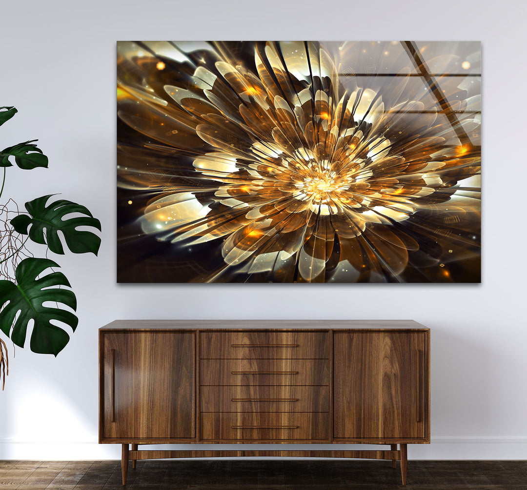 Golden Bloom Burst Wall Art – Radiant Abstract Flower Glass Print