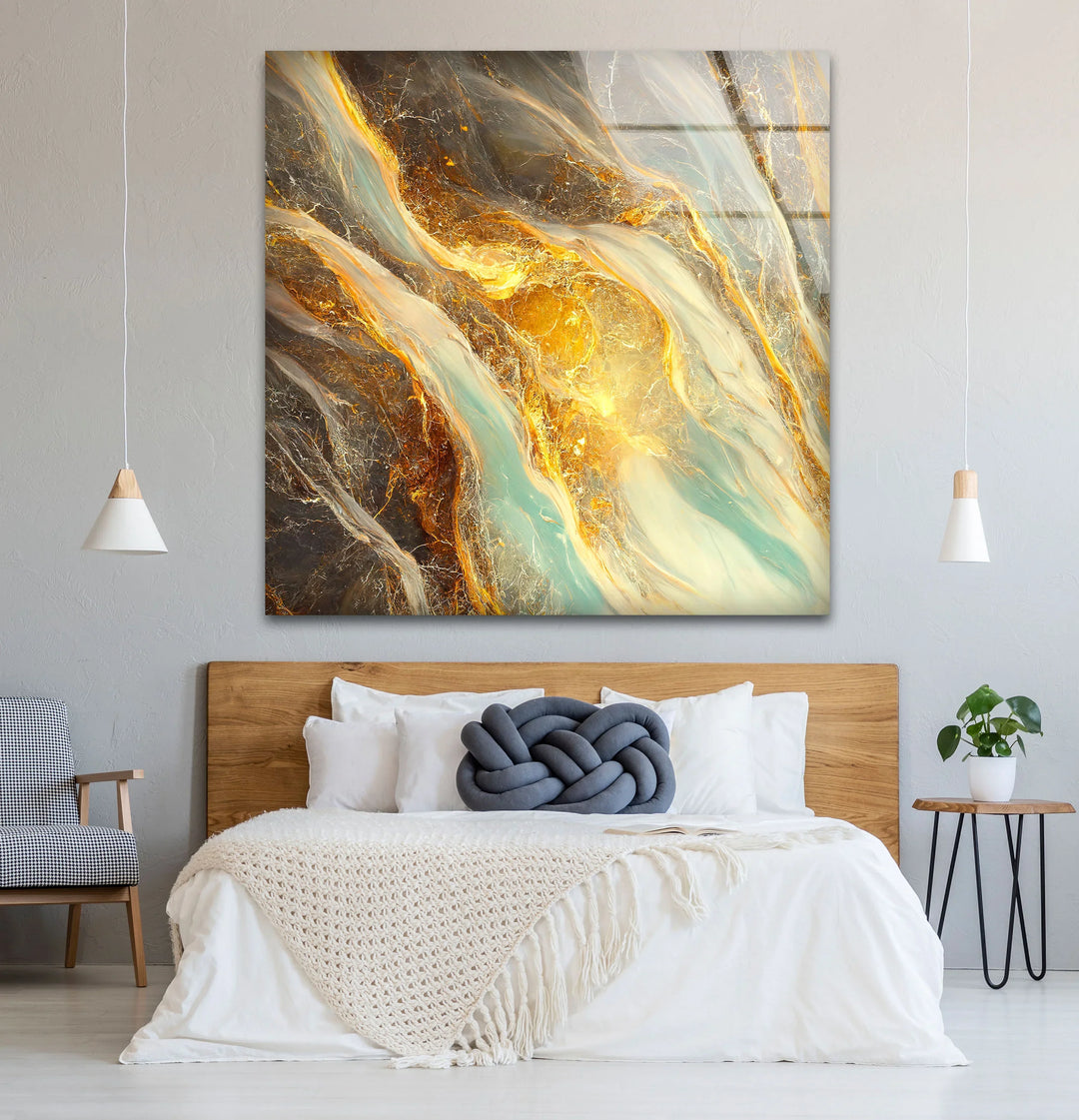 Gold Teal Marble Wall Art – Abstract Glass Print with Fiery Metallic Flow for Modern Elegant Interiors - MyPhotoStation