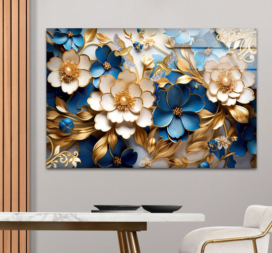 Framed by sleek edges, the elegant blue and gold floral wall art, a 3D glass panel for modern interiors, adds a sophisticated home decor touch.