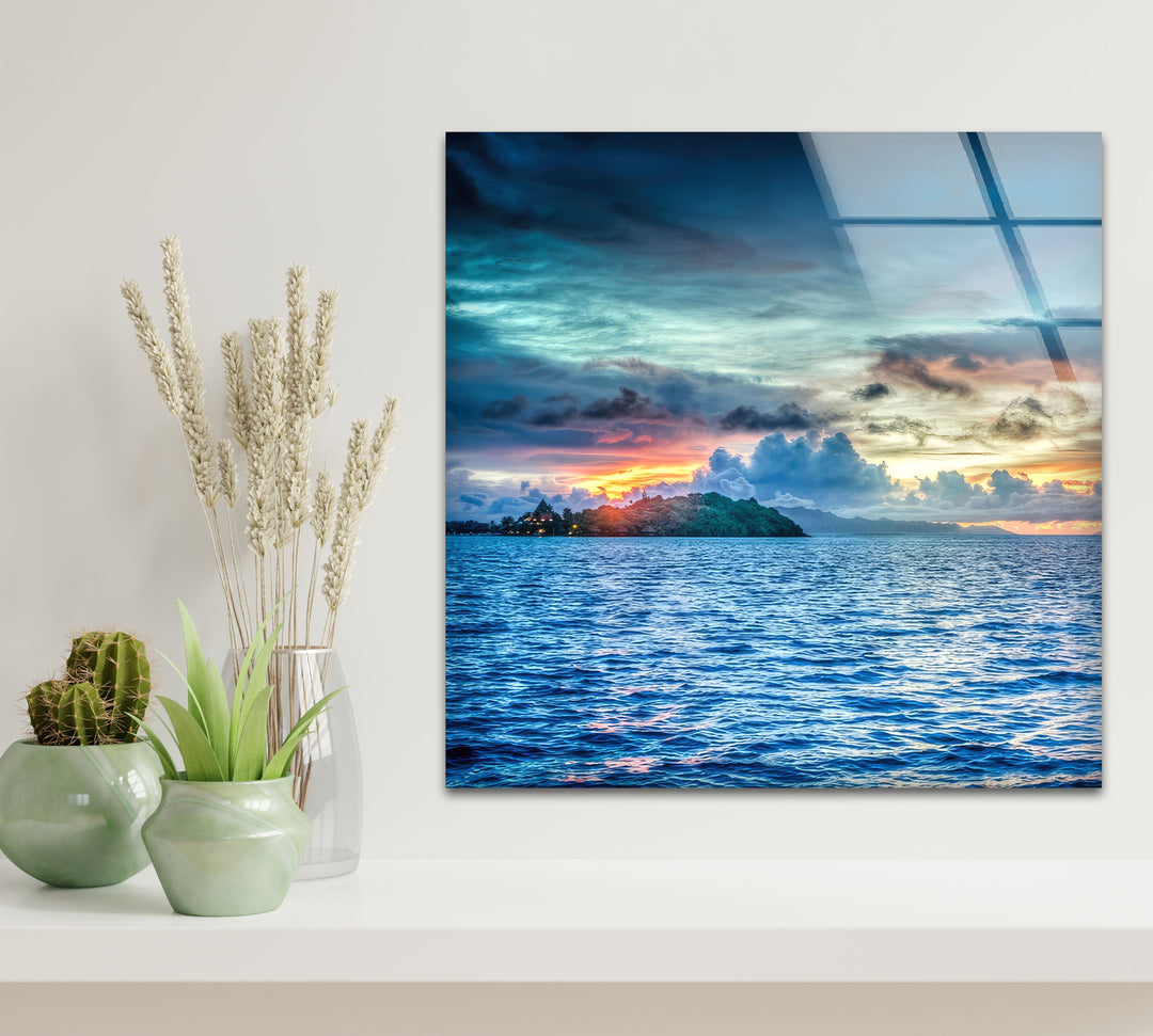 Tropical Sea Horizon Wall Art – Vibrant Ocean Sunset Glass Print for Modern Interiors