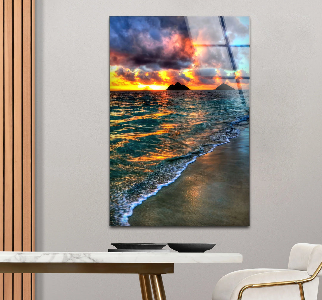 Tropical Sunset Beach Scene – Ocean Wave Glass Wall Art with Island Silhouette - MyPhotoStation