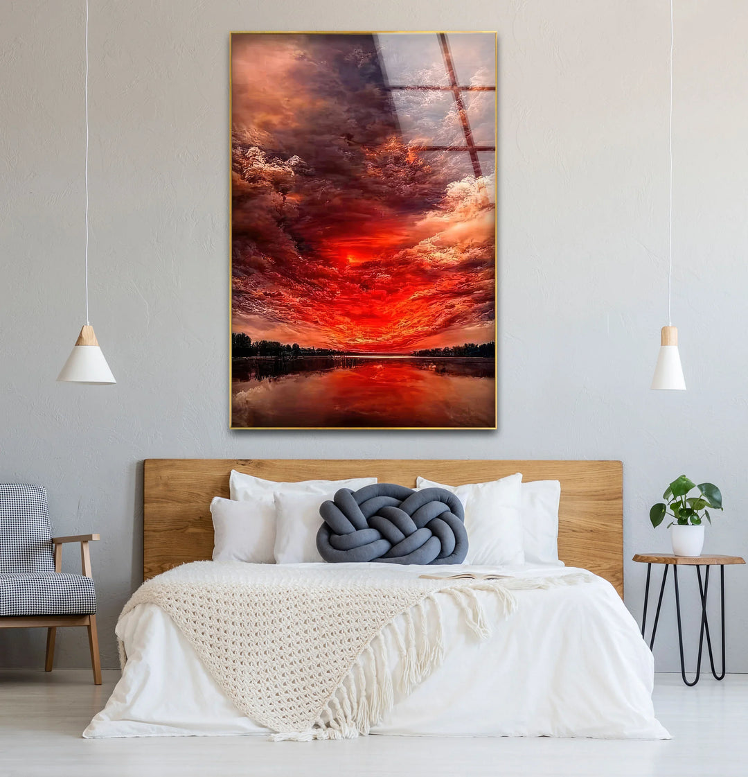 Fiery Sunset Sky Glass Wall Art – Dramatic Red Clouds Over Water Landscape - MyPhotoStation