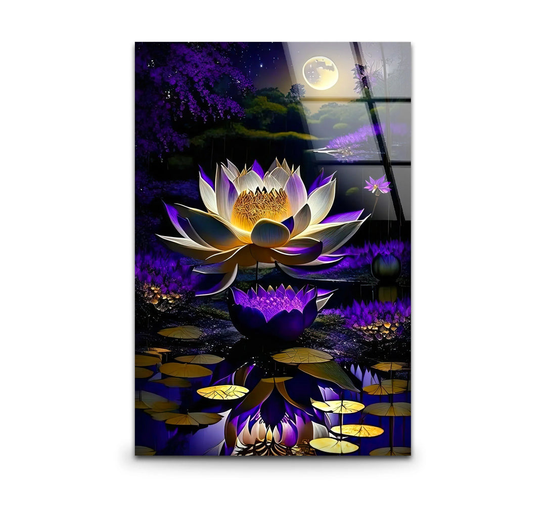 Moonlit Purple Lotus Glass Wall Art – Mystical Night Bloom Floral Print - MyPhotoStation