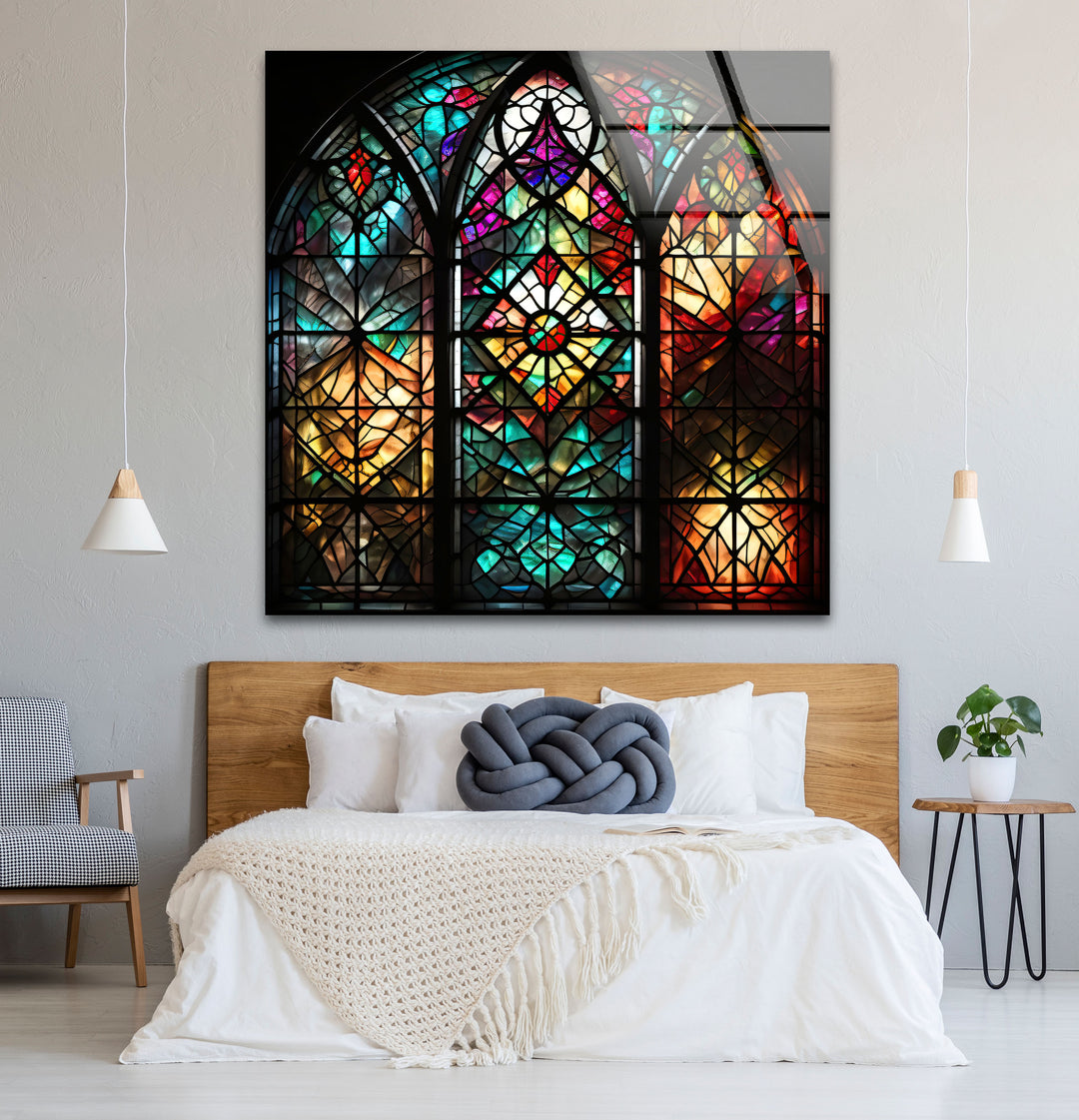 Gothic Cathedral Stained Glass Wall Art – Colorful Sacred Window Panel Decor