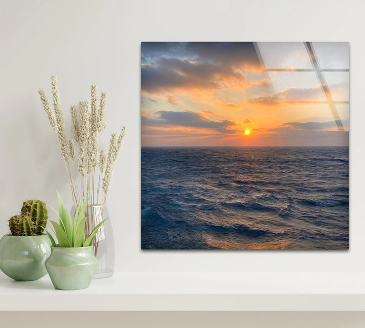 Ocean Horizon Sunset Wall Art – Serene Coastal View Tempered Glass Print - MyPhotoStation