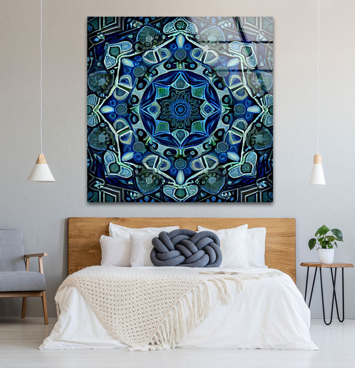 Blue Mandala Glass Wall Art – Intricate Geometric Design, Modern Home & Office Decor