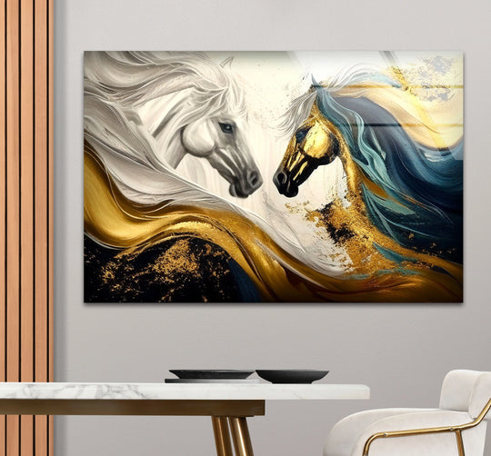 Majestic gold horses abstract glass wall art prints exhibit a captivating visual rhythm with flowing lines and shimmering textures.