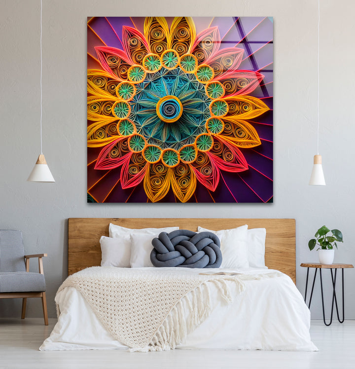 Mandala Glass Wall Art – Vibrant 3D Geometric Paper Design