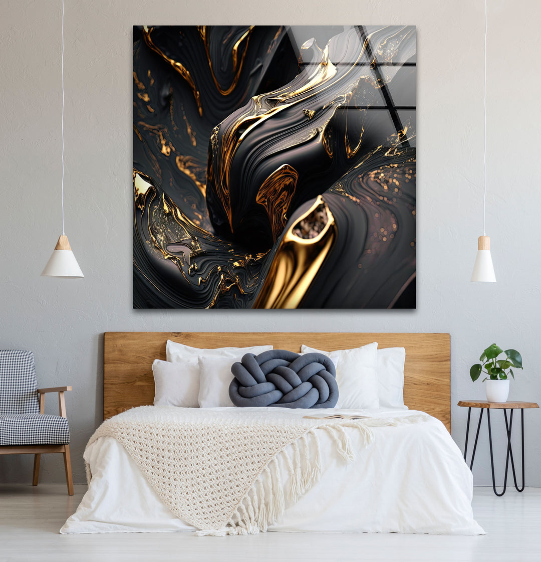 Black Gold Swirl Wall Art – Luxury Abstract Fluid Glass Print for Interiors