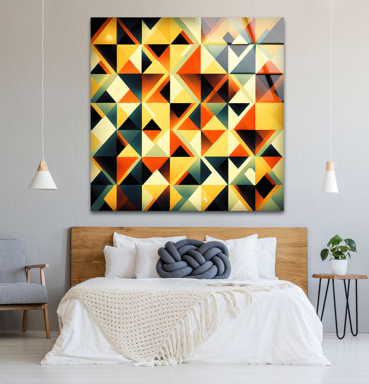 Geometrische Wandkunst aus Bernsteinglas – Auffälliges Retro-Dreiecksmuster-Dekor 