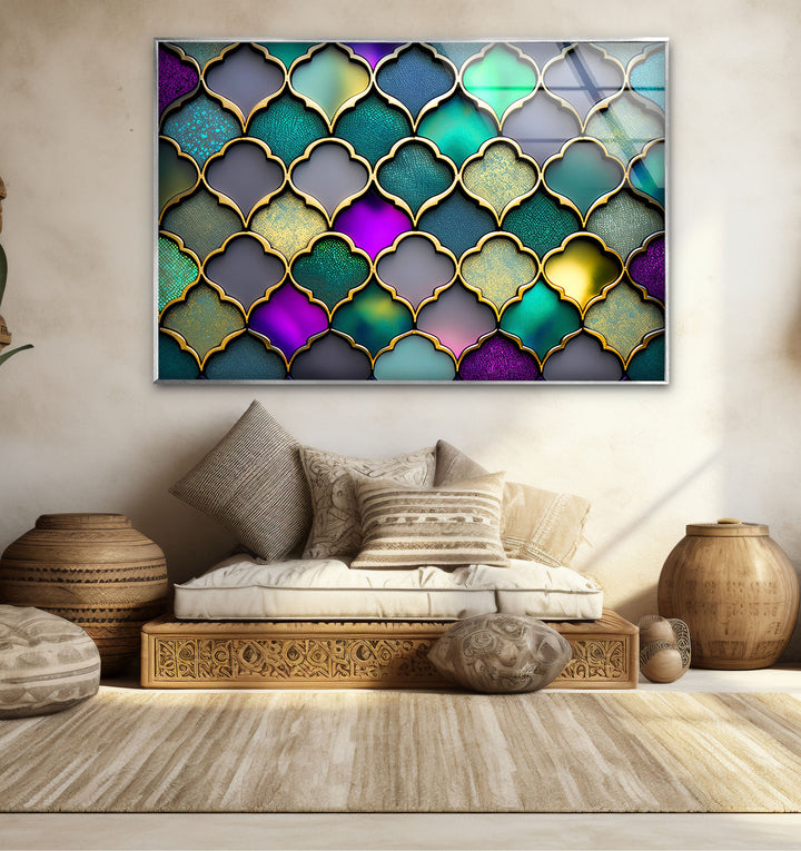Moroccan Geometric Stained Glass Wall Art – Luxurious Gold & Teal Decor