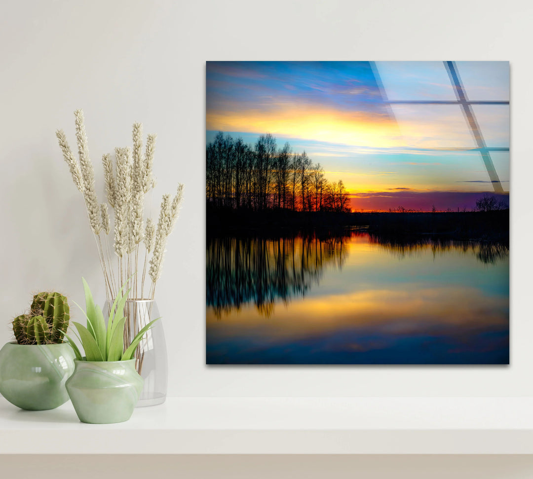 Sunset Reflection Wall Art – Tranquil Forest & Lake Glass Print for Serene Decor - MyPhotoStation