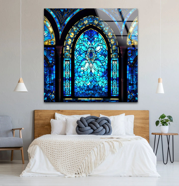 Gothic Blue Stained Glass Wall Art – Elegant Arched Window Design, Vintage Cathedral-Inspired Home Decor - MyPhotoStation