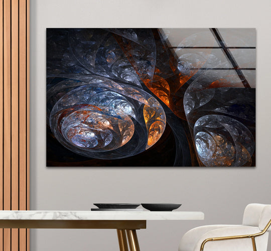 Shimmering bright orange and white fractals glow within this cosmic swirl art from glass.