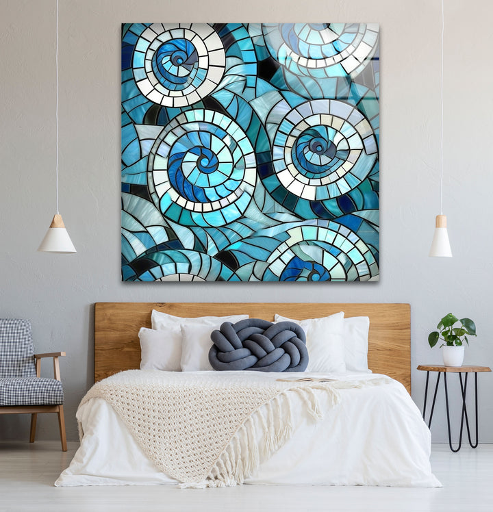 Nautical Spiral Stained Glass Wall Art – Blue Ocean Wave Design