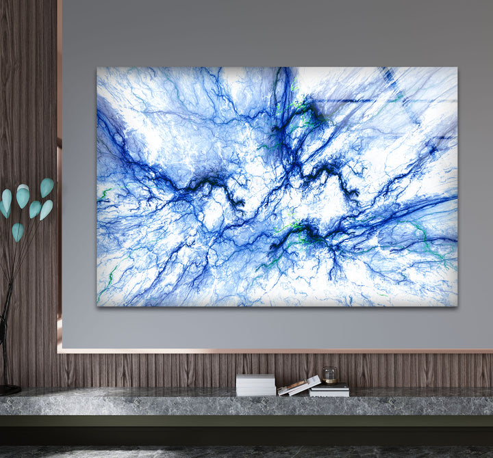 Electric Blue Vein Wall Art – Abstract Lightning-Inspired Glass Print