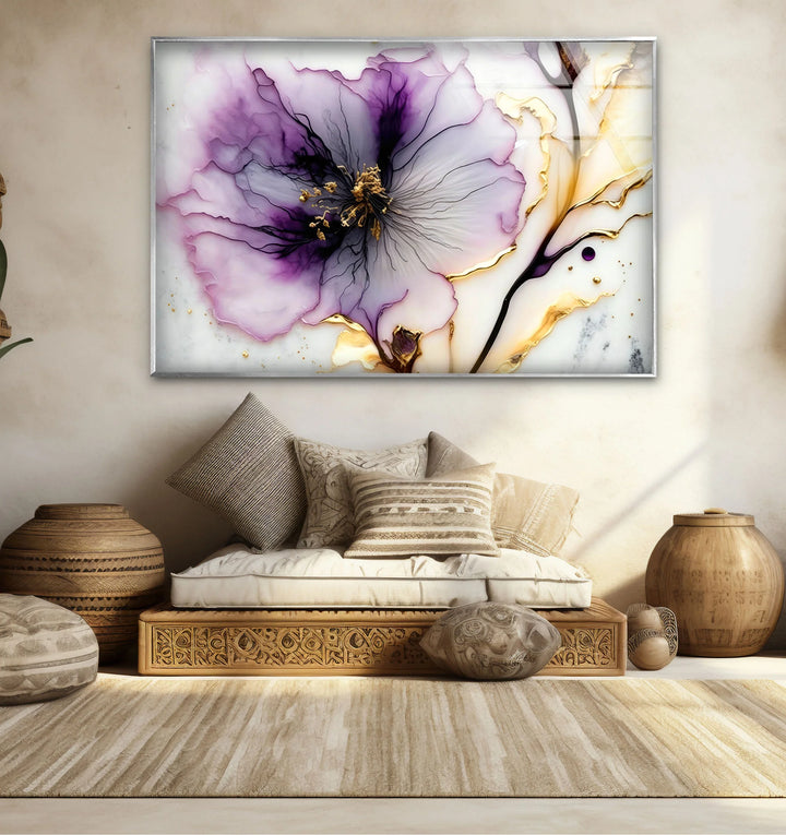 Purple and Gold Abstract Floral Wall Art – Luxury Glass Print for Elegant Interiors - MyPhotoStation