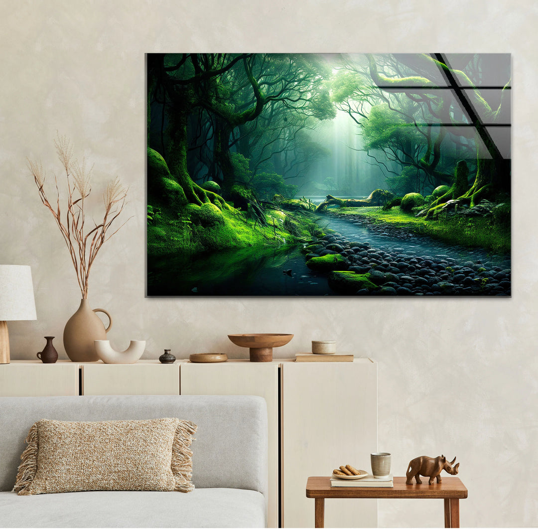 Mystical Enchanted Forest Stream Wall Art – Lush Green Nature Glass Print - MyPhotoStation