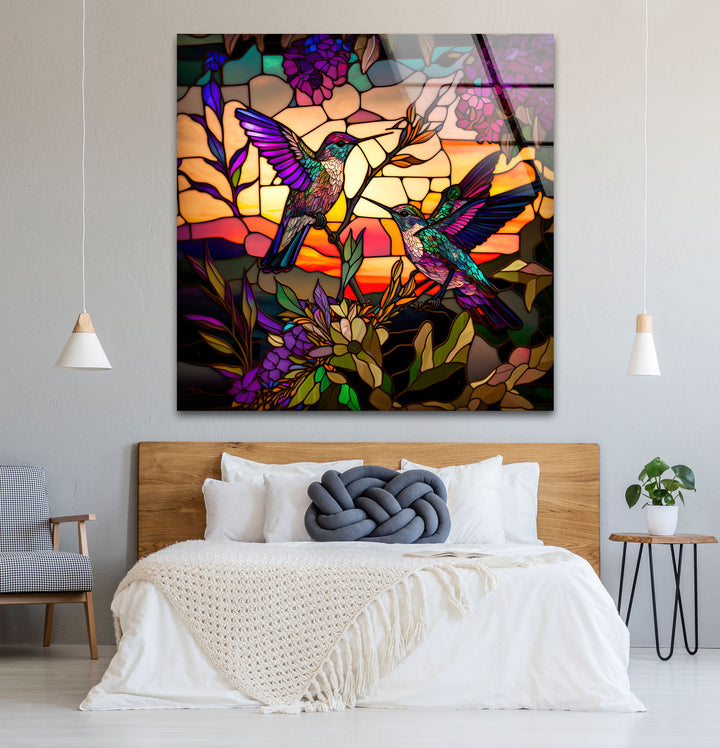 Hummingbird Stained Glass Wall Art – Sunset Floral Window Panel