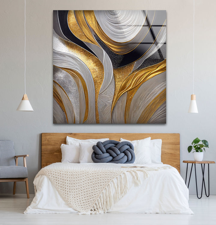 Silver Gold Wave Wall Art – Luxury Abstract Fluid Glass Print Décor