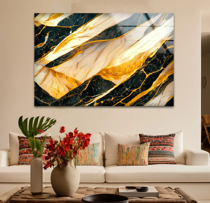 Luxury Black Marble Glass Wall Art with Gold and White Fluid Veins – Modern Abstract Decor - MyPhotoStation