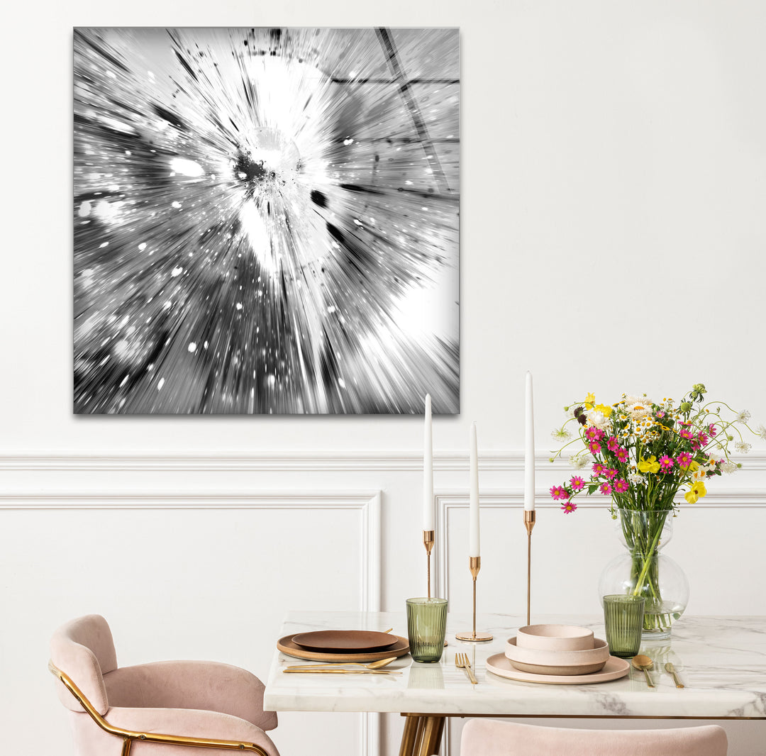 Monochrome Explosion Wall Art – Abstract Black and White Glass Print